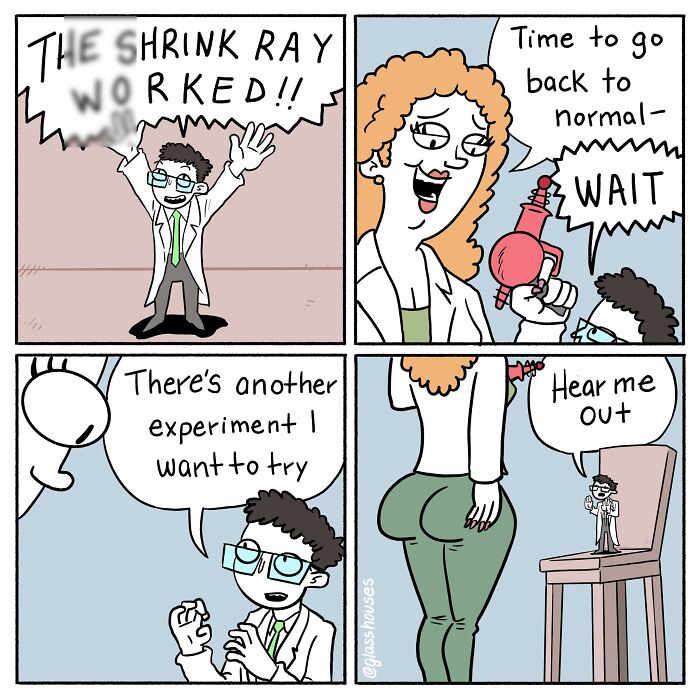 Scientist with a shrink ray and a humorous experiment involving a giant person, showing dark humor and clever twists.