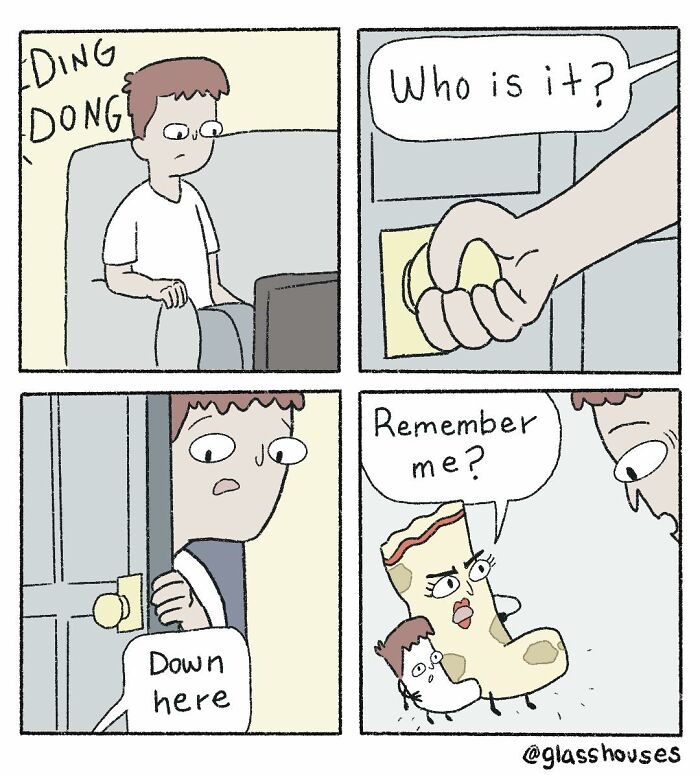 Comic strip with dark humor by Glasshouses, featuring a comical encounter with a talking slice of pizza.