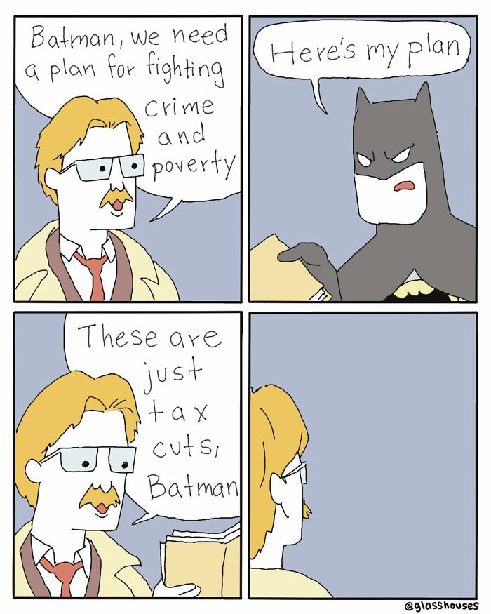 Comic strip featuring Batman's dark humor and clever twist about crime-fighting plans being tax cuts.