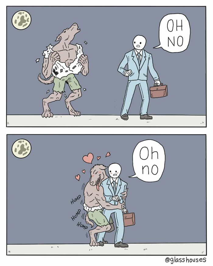 A werewolf transforms and hugs a surprised man, showcasing dark humor from Glasshouses Comics.