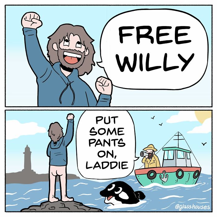 A man on a rock shouts "Free W***y," while a fisherman yells from a boat, adding humor to Glasshouses Comics.