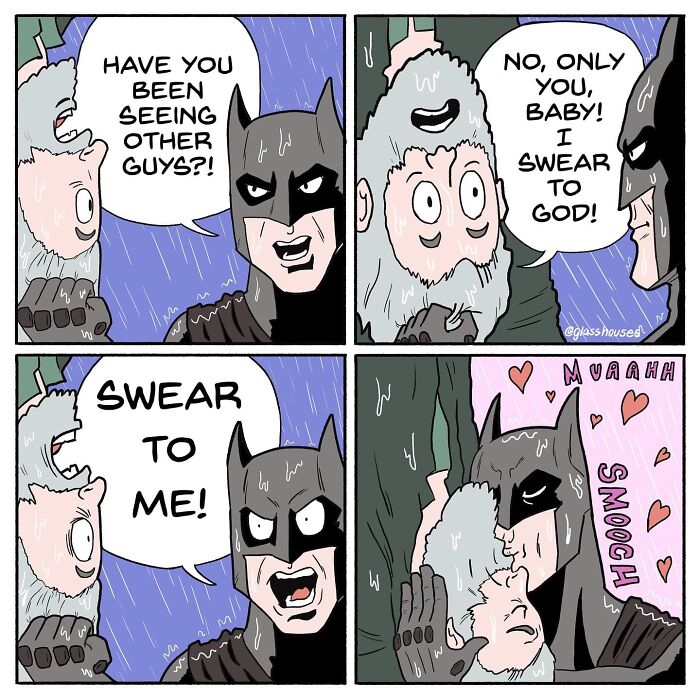 Comic strip featuring dark humor and clever twists with a hooded character swearing loyalty and a masked figure expressing affection.