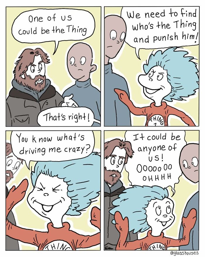 Comic strip with clever twist, characters debating over the identity of "the Thing."