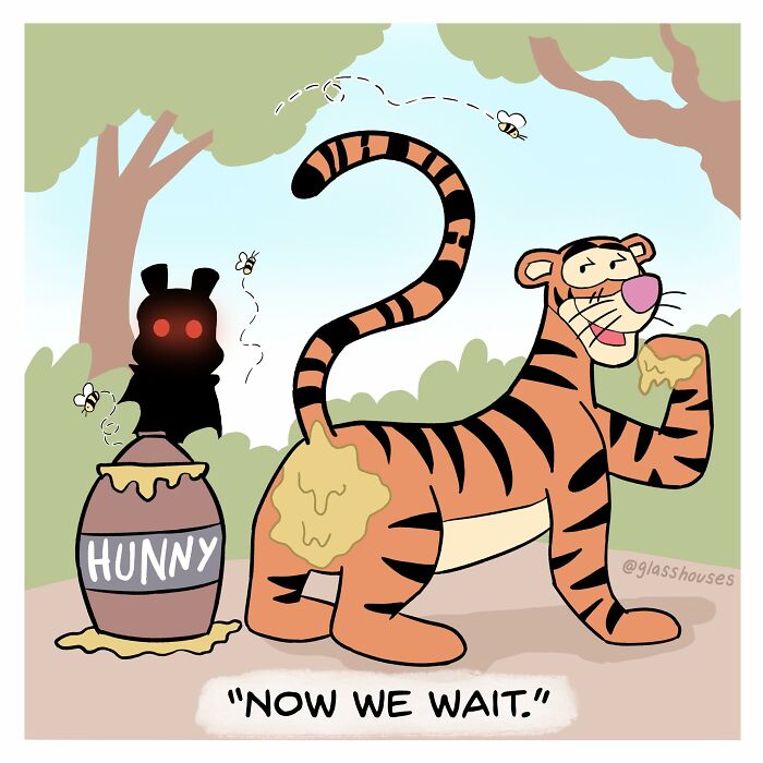 A tiger with honey on its paws and tail stands confidently, observed by a shadow with glowing eyes, highlighting dark humor.