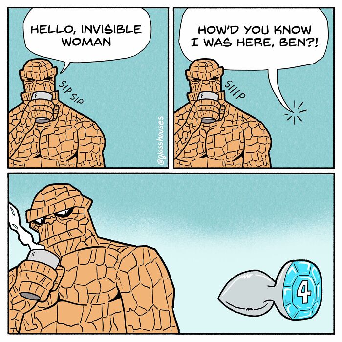 Comic featuring dark humor with a superhero sipping coffee and confronting an invisible character.