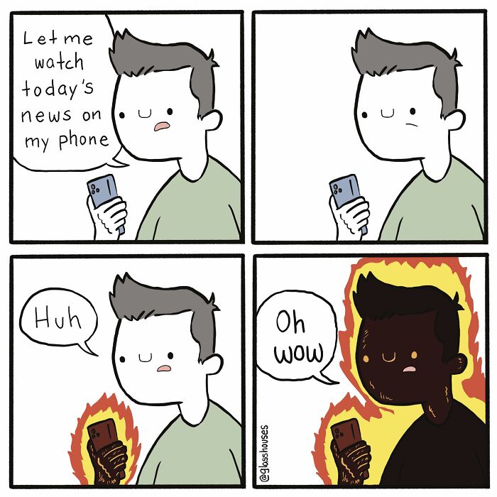 Person reacts to phone news, face humorously darkened in flames, by Glasshouses Comics.