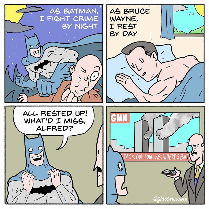 Comic by Glasshouses featuring Batman humor and clever twist with Bruce Wayne resting during the day.