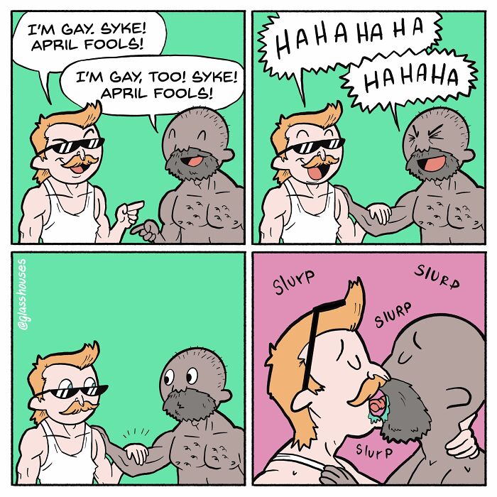 Two men jokingly come out to each other in comic by Glasshouses, embracing humor and clever twists.