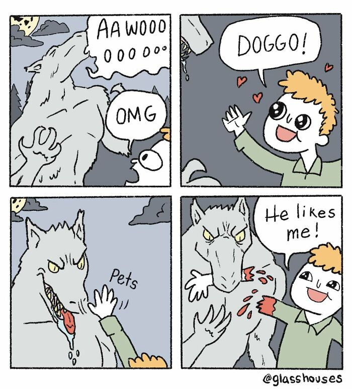 Comic strip by Glasshouses depicting a humorous interaction between a person and a werewolf resulting in a clever twist.