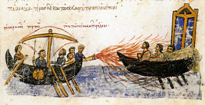 Ancient artifact illustration of naval battle with fire weaponry, depicting historical technology in maritime warfare.