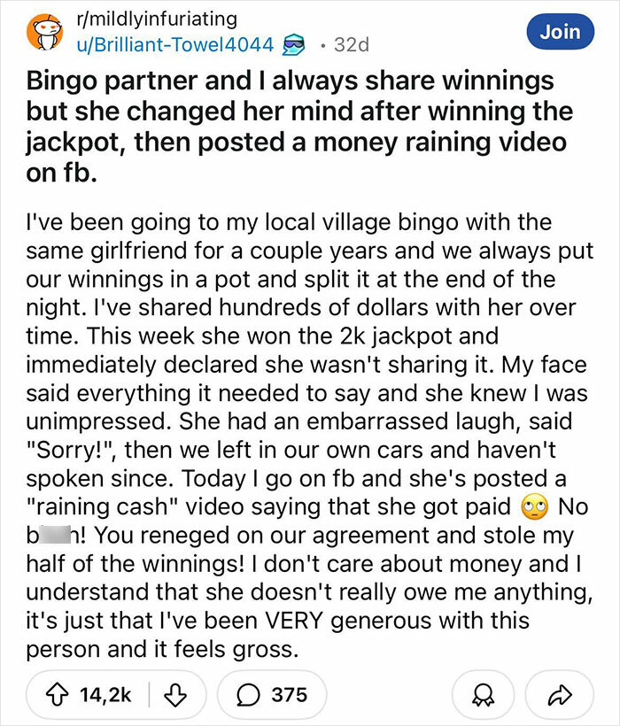 Text post from Reddit user discussing a bingo partner breaking a winnings agreement, highlighting lack of self-awareness.