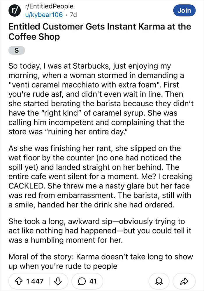 Text post about a rude customer lacking self-awareness, slipping in a coffee shop, illustrating instant karma.