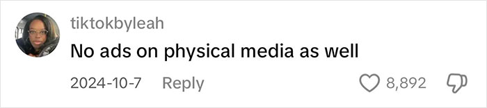 Comment praising physical media for being ad-free, with 8,892 likes displayed. Comment praising physical media for being ad-free, with 8,892 likes displayed.