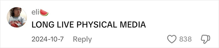 User comment praising physical media, saying 'LONG LIVE PHYSICAL MEDIA' with likes and dislikes count visible. User comment praising physical media, saying 'LONG LIVE PHYSICAL MEDIA' with likes and dislikes count visible.
