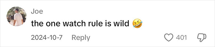 Joe comments on physical media saying, "the one watch rule is wild," with a laughing emoji and 401 likes. Joe comments on physical media saying, "the one watch rule is wild," with a laughing emoji and 401 likes.