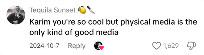 Comment praising physical media as the best, with emojis and 1,629 likes. Comment praising physical media as the best, with emojis and 1,629 likes.