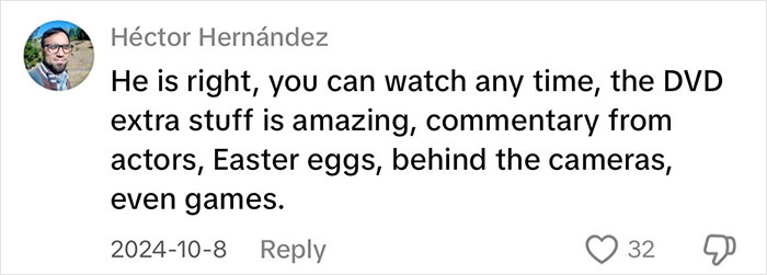 Comment praising DVD benefits, highlighting extra features like commentary, Easter eggs, and games; celebrating physical media. Comment praising DVD benefits, highlighting extra features like commentary, Easter eggs, and games; celebrating physical media.