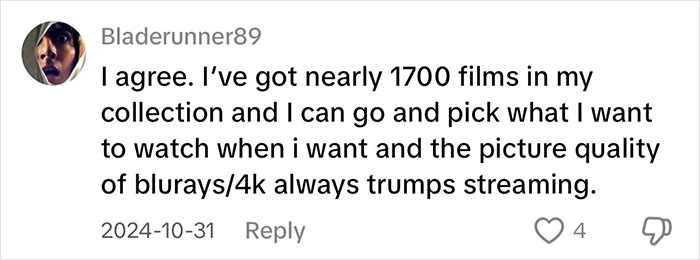 Comment praising physical media collection and quality over streaming, highlighting ownership on the shelf forever. Comment praising physical media collection and quality over streaming, highlighting ownership on the shelf forever.