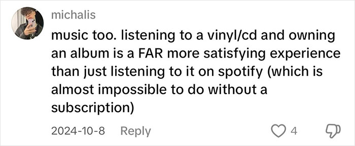 Comment praising physical media like vinyl and CDs over streaming services for music enjoyment. Comment praising physical media like vinyl and CDs over streaming services for music enjoyment.