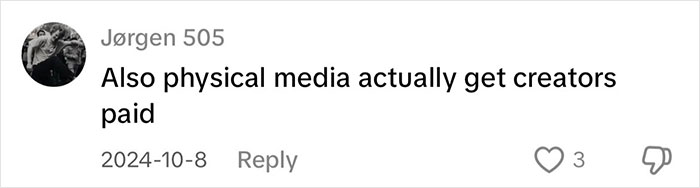 Comment on physical media benefits for creators, with likes and replies visible. Comment on physical media benefits for creators, with likes and replies visible.