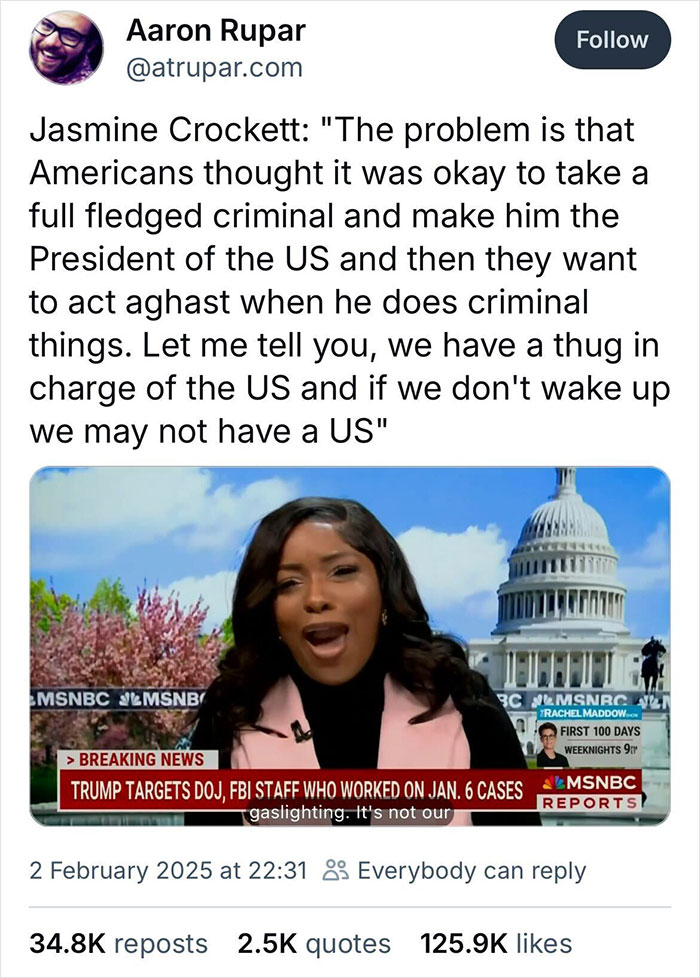 Screenshot of a tweet by Aaron Rupar sharing thoughts on a political topic, featuring a news broadcast.