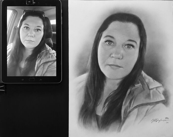 Hyper-realistic pencil portrait alongside a reference photo of a woman on a tablet.