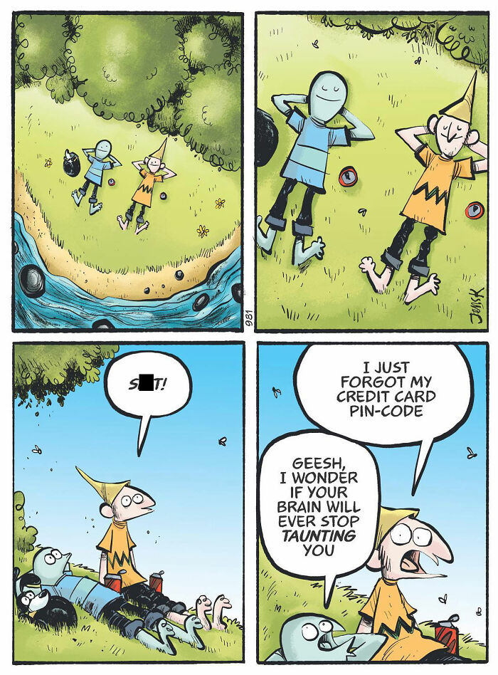 Two characters in a comic strip by Norwegian artist Jens K. Styve having a humorous conversation while lying on grass.