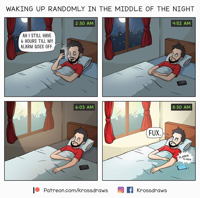 Comic strip illustrating daily struggles and awkward moments of waking up throughout the night.