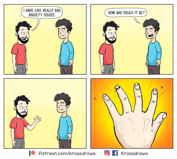 Comic strip illustrating daily struggles with anxiety through a humorous awkward moment.