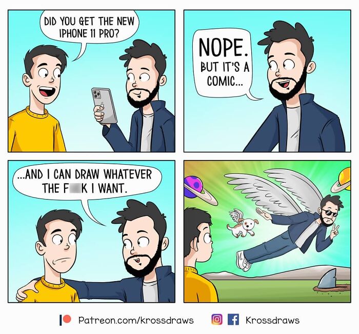 Artist creates comic about choosing drawing over new iPhone, illustrating freedom to draw anything with humor.