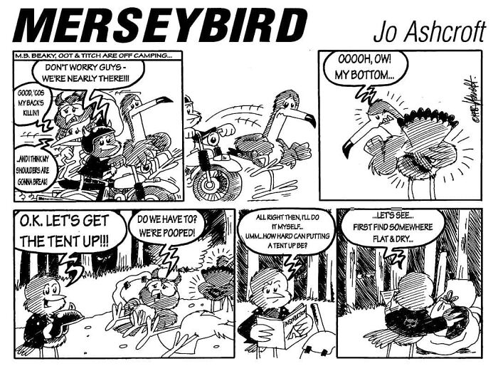 Comics of Merseybird camping with friends, setting up a tent and sharing humorous moments in the woods.
