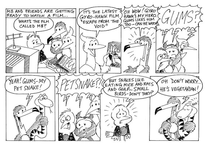 Comic strip featuring Merseybird and friends discussing a movie, with a humorous twist about a pet snake named Gums.