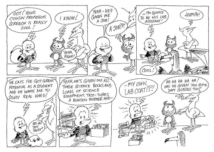 Comics featuring Liverbird and friends sharing a conversation about a lab assistant job and humorous situations.