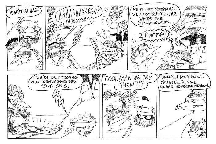 Comic panel featuring Merseybird and friends encountering "designersaurs" testing jet-skis.