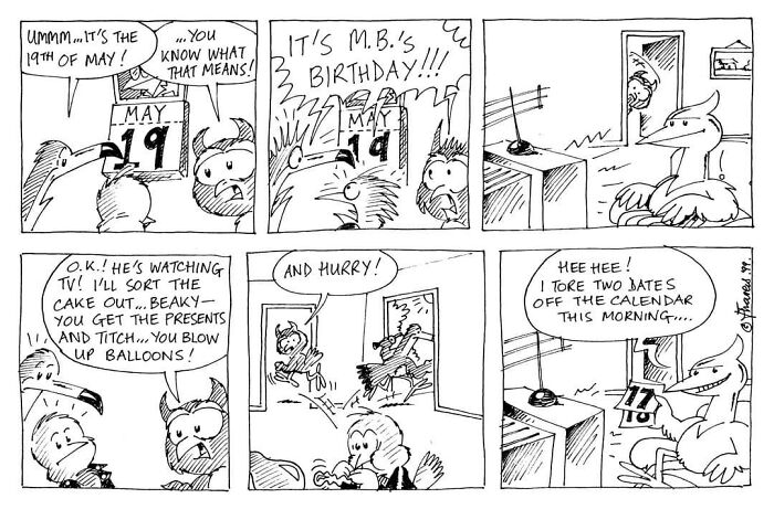 Merseybird comic strip showing a comical scene with Liverbird and friends planning a surprise party.