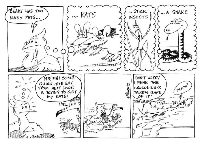 Comic featuring a Liverbird discussing pets with friends, including rats and a crocodile, by Jo Travers.