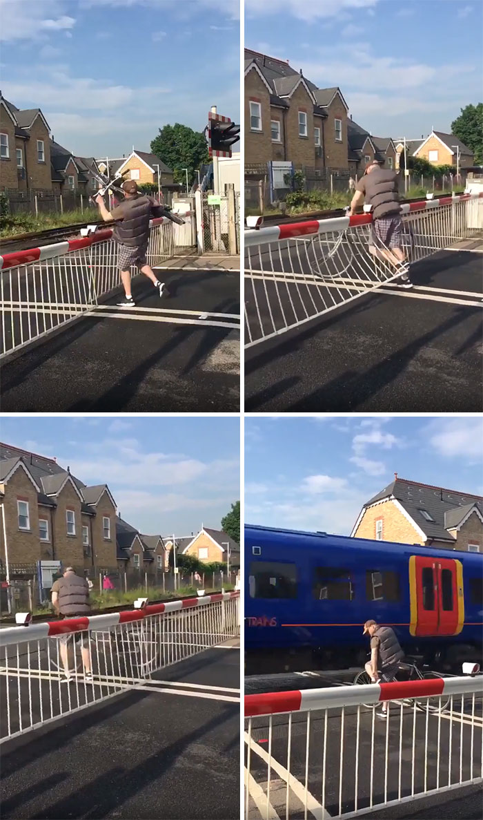Person climbing under a railway barrier as a train approaches, illustrating a lack of self-awareness.