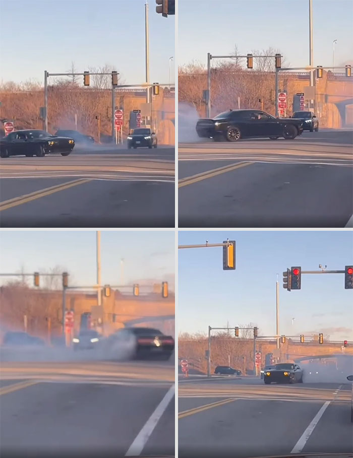 Cars doing reckless maneuvers at an intersection, leaving tire smoke, highlighting lack of self-awareness.