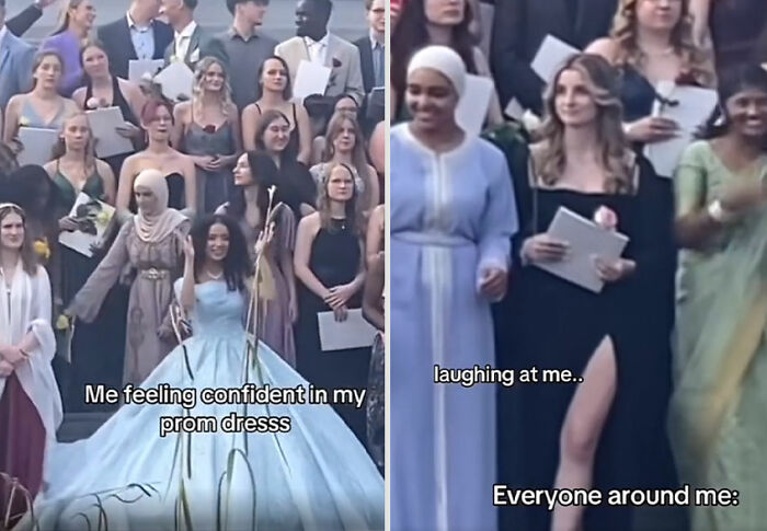 Group photo at prom; girl confidently wearing a blue dress in focus, others laughing; highlighting self-awareness issues.