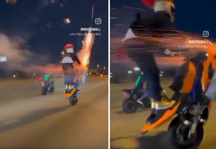 Person on a motorcycle performing a stunt at night, surrounded by fireworks, highlighting lack of self-awareness.