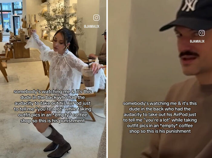 Person takes outfit photos in coffee shop; nearby individual shows no self-awareness.