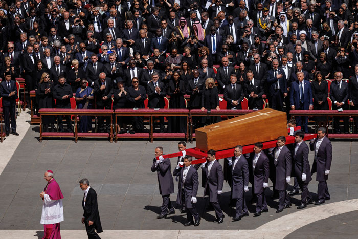 Thousands in St. Peter’s Square as pallbearers carry Pope Francis' coffin during final farewell. Thousands in St. Peter’s Square as pallbearers carry Pope Francis' coffin during final farewell.