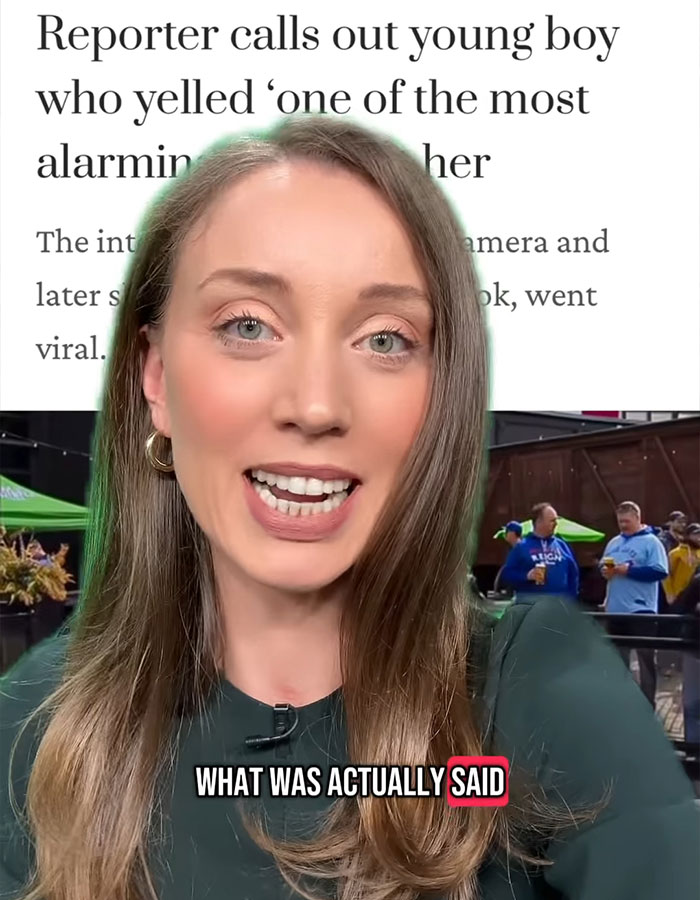 TV reporter reacts to vulgar comment by boy, appearing shocked in outdoor setting. TV reporter reacts to vulgar comment by boy, appearing shocked in outdoor setting.