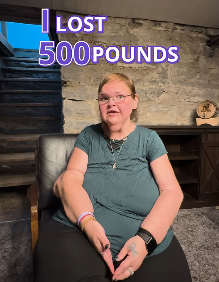 Person sitting in a chair inside a rustic room, with the text "I lost 500 pounds" above. Person sitting in a chair inside a rustic room, with the text "I lost 500 pounds" above.
