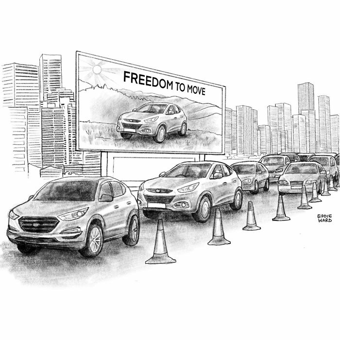 Traffic jam in front of a billboard titled "Freedom to Move." Single-panel comic by Eddie Ward.