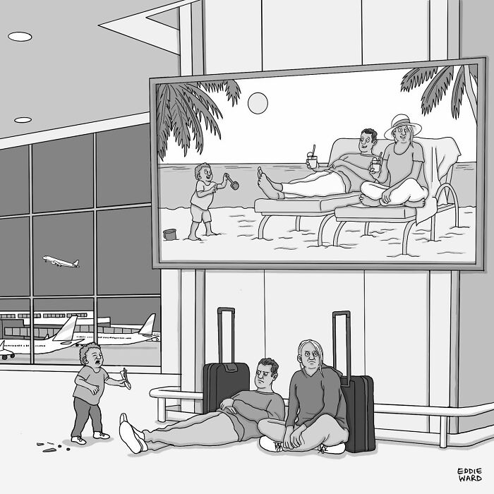 Airport scene with tired travelers under a beach ad, featuring work by Eddie Ward in a single-panel comic.