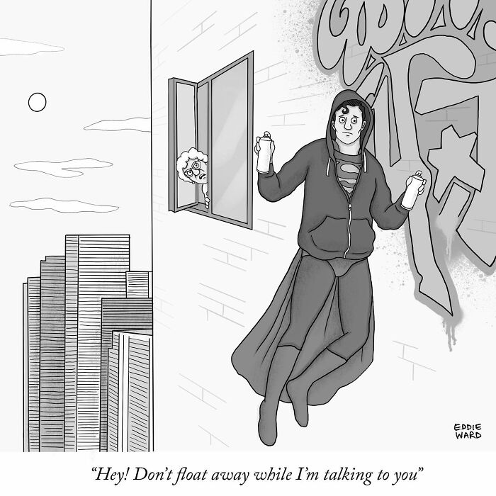 Superhero in a hoodie floating by window, humorous single-panel comic by Eddie Ward.