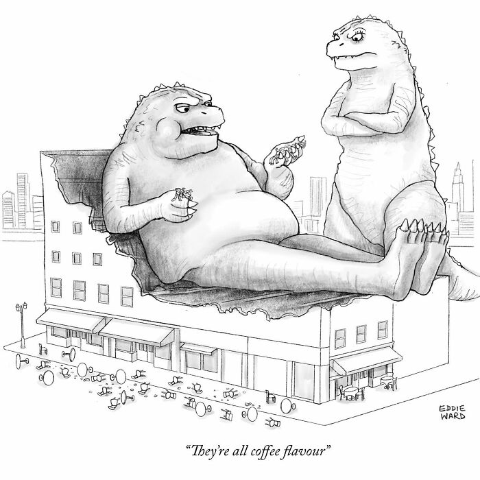 A humorous single-panel comic by Eddie Ward shows two monsters on a rooftop with cityscape background.