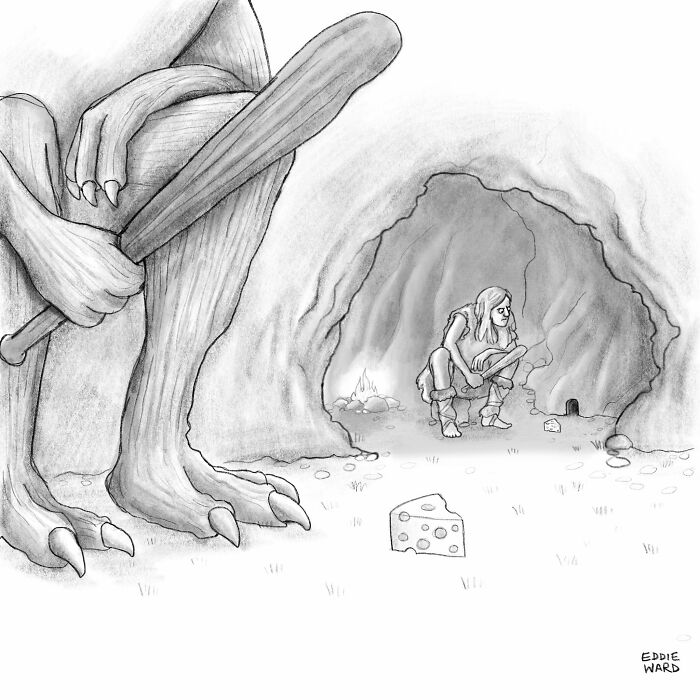 Caveman and giant guard a cave entrance with cheese, from Eddie Ward's single-panel comics.