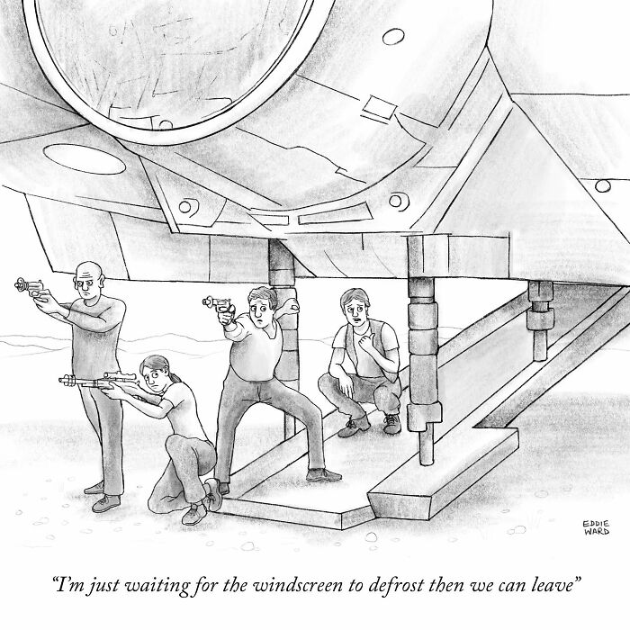 Comic by Eddie Ward showing men under a spaceship waiting for the windscreen to defrost, ready for action.